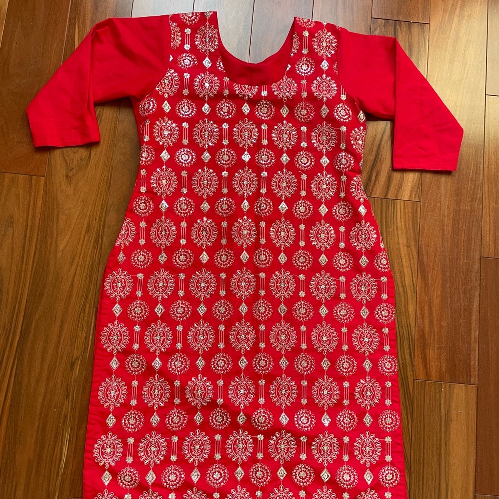 Red Silky Kurta with silver details
